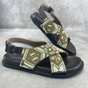 Free People Mali Beaded Sandals Size 7.5 Neutral Taupe Green White Boho Western